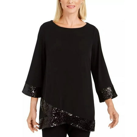 JM Collection Women's Sequined Hem Crossover Hem Top Black Size X-Large