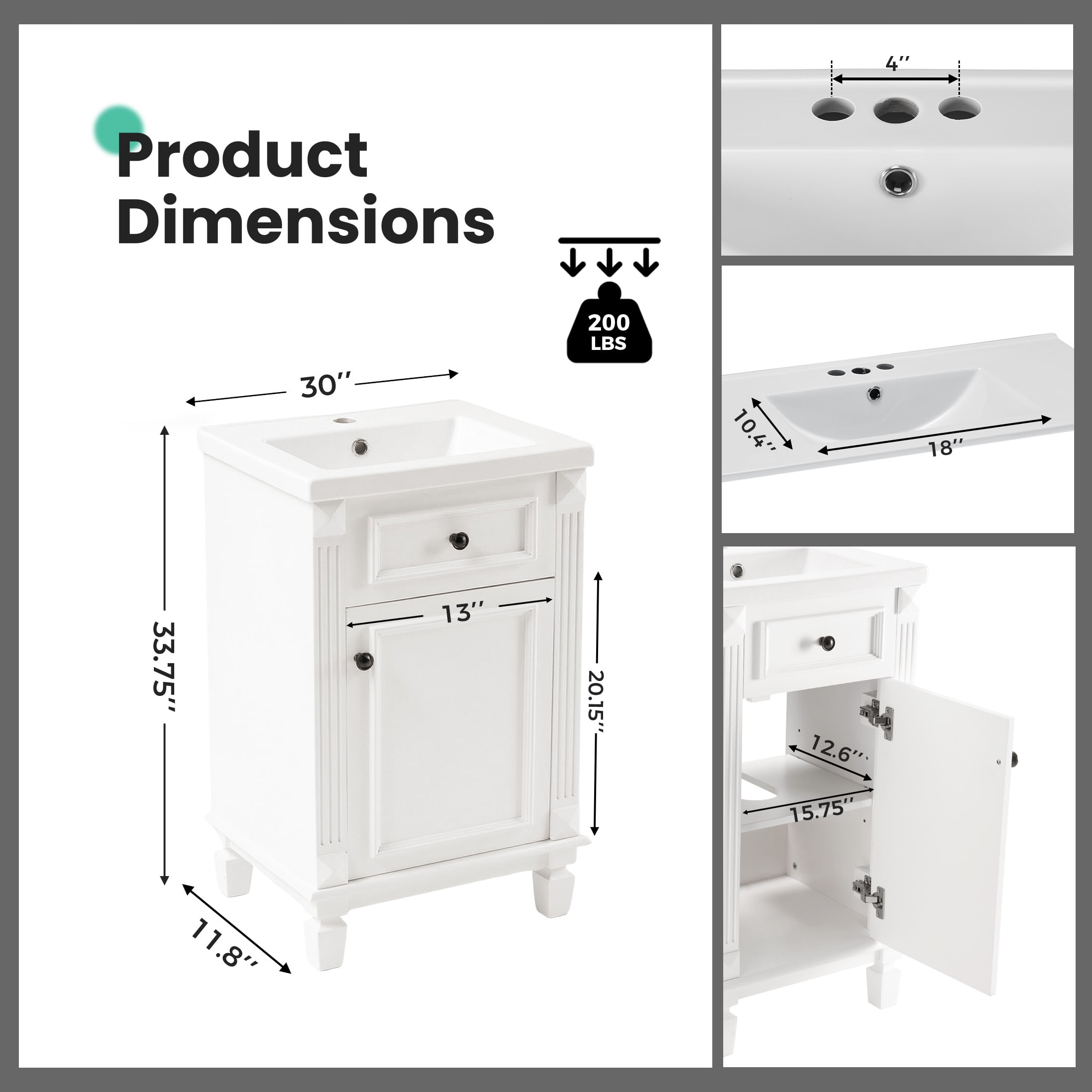EDX 18-inch Bathroom Vanity Cabinet, Freestanding Modern Cabinet Vanity with Sink, 1 Soft-Closing Door & 1 Drawer,White