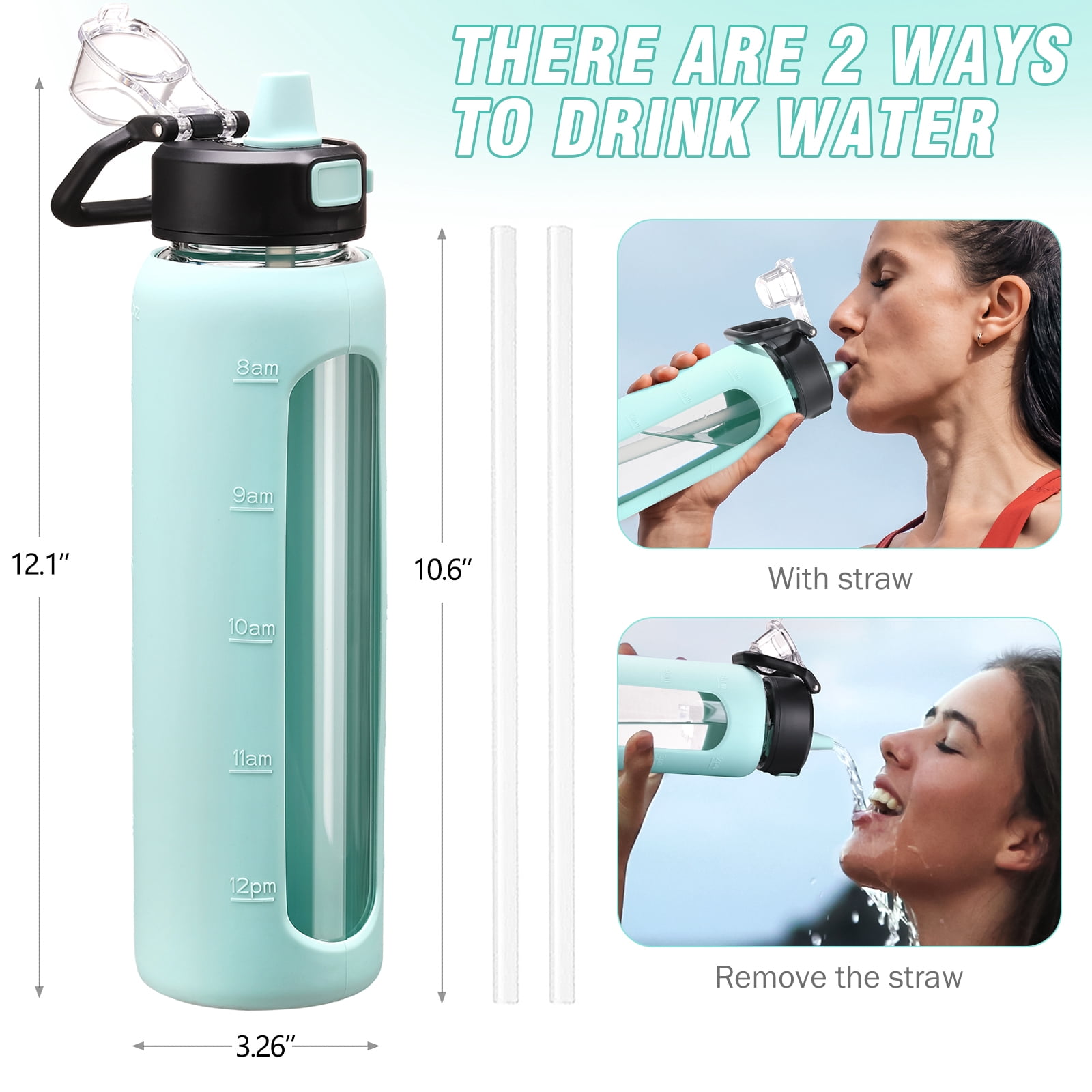 MUKOKO Water Bottle, 32oz Glass Drinking Bottle with Straw, Motivational Water Bottle with Leak Proof Locking Lid , Travel Sports Water Jug with Water Marker, Light Blue