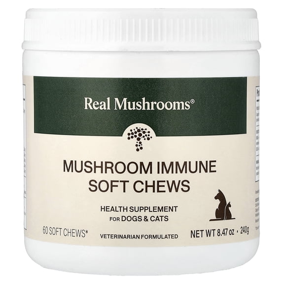 Real Mushrooms Mushroom Immune Soft Chews, For Dogs and Cats, 60 Chews, 8.47 oz (240 g)