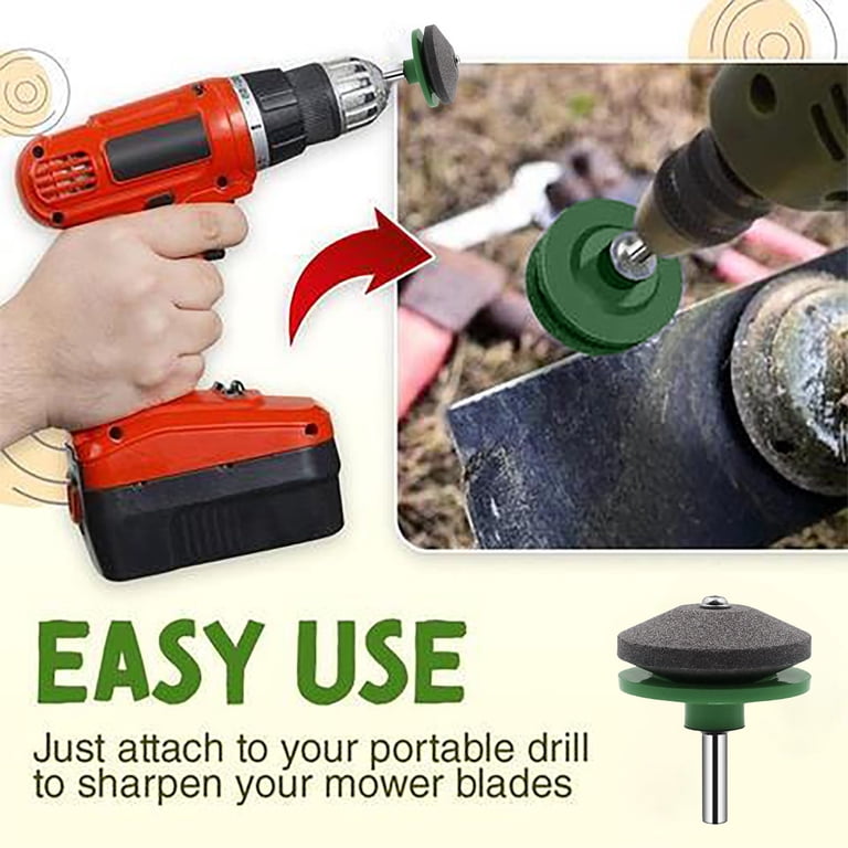 Easy use drill attached mower blade sharpener demonstration