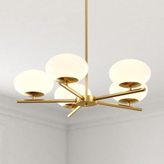 Sloane 5 Light LED Gold Satin Brass Mid-Century Modern Chandelier with White Glass Globes