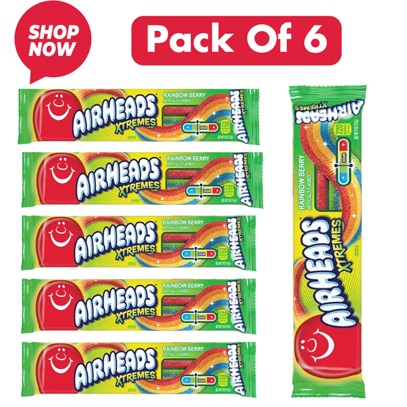 Airheads Xtremes Sour Belts, Rainbow Berry Candy, 2 oz Packs (6 Count Box) – Sweet & Sour Chewy Candy, Nut-Free, Party Treats
