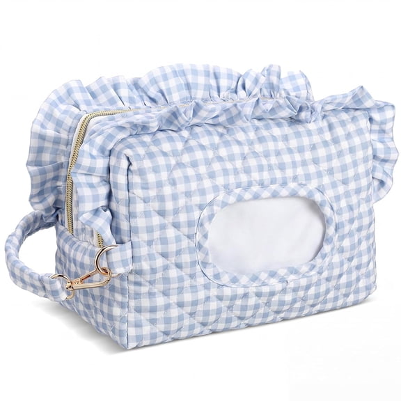 Light Blue Ruffle Gingham Diaper and Wipe Pouch Quilted Baby Dispenser Holder Diaper and Tissue Bag Purse Portable Travel Hanging Wet Wipes Bag Diapering Clutch for Car Stroller