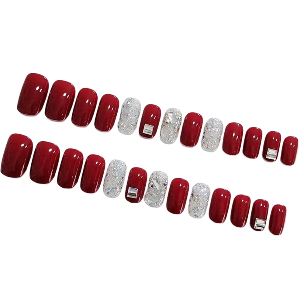 Wine Red Artificial Nails MediumStyle Fake Nails with Shiny Diamond