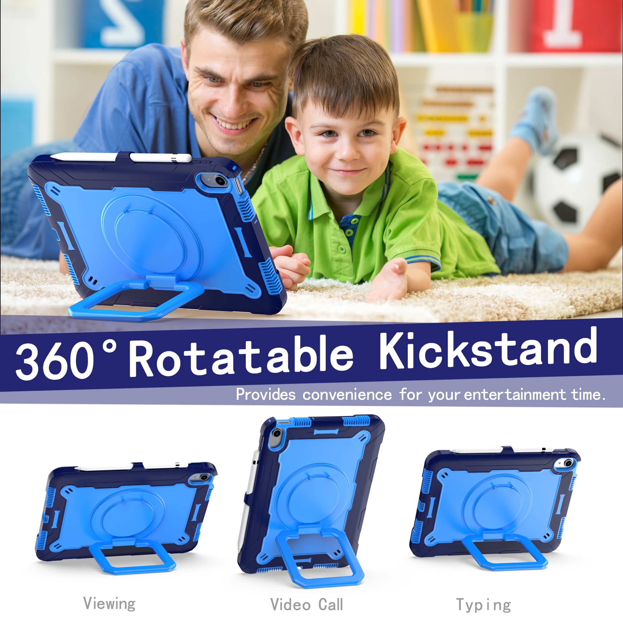 Dteck iPad 10th Generation Case, New iPad 2022 10.9 inch Rugged Case with Screen Protector, Rotating Stand/Pencil Holder/Carrying Shoulder Strap,Blue
