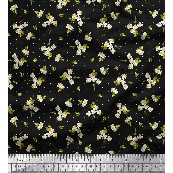 Soimoi Black Viscose Chiffon Fabric Dot,Leaves & White Flower Floral Print Fabric by Yard 42 Inch Wide