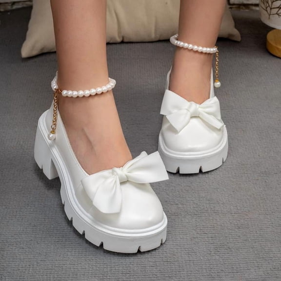 SCHUHLAND Elegant White Mary Janes Women's High Heel Chunky Platform Pumps with Pearl Chain & Bowknot, Round Toe, Buckle Strap