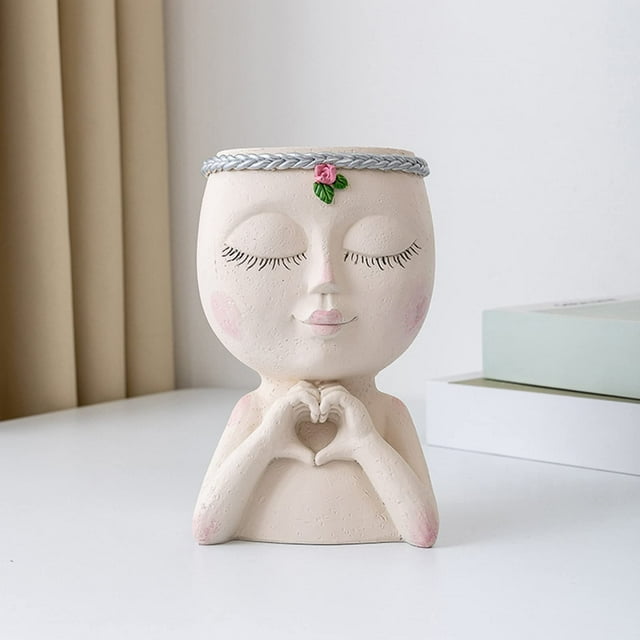 Macetero para la cara, macetas para la cara, macetero suculento, niña, ojos cerrados con agujero de drenaje, cara, escultura nórdica, color blanco