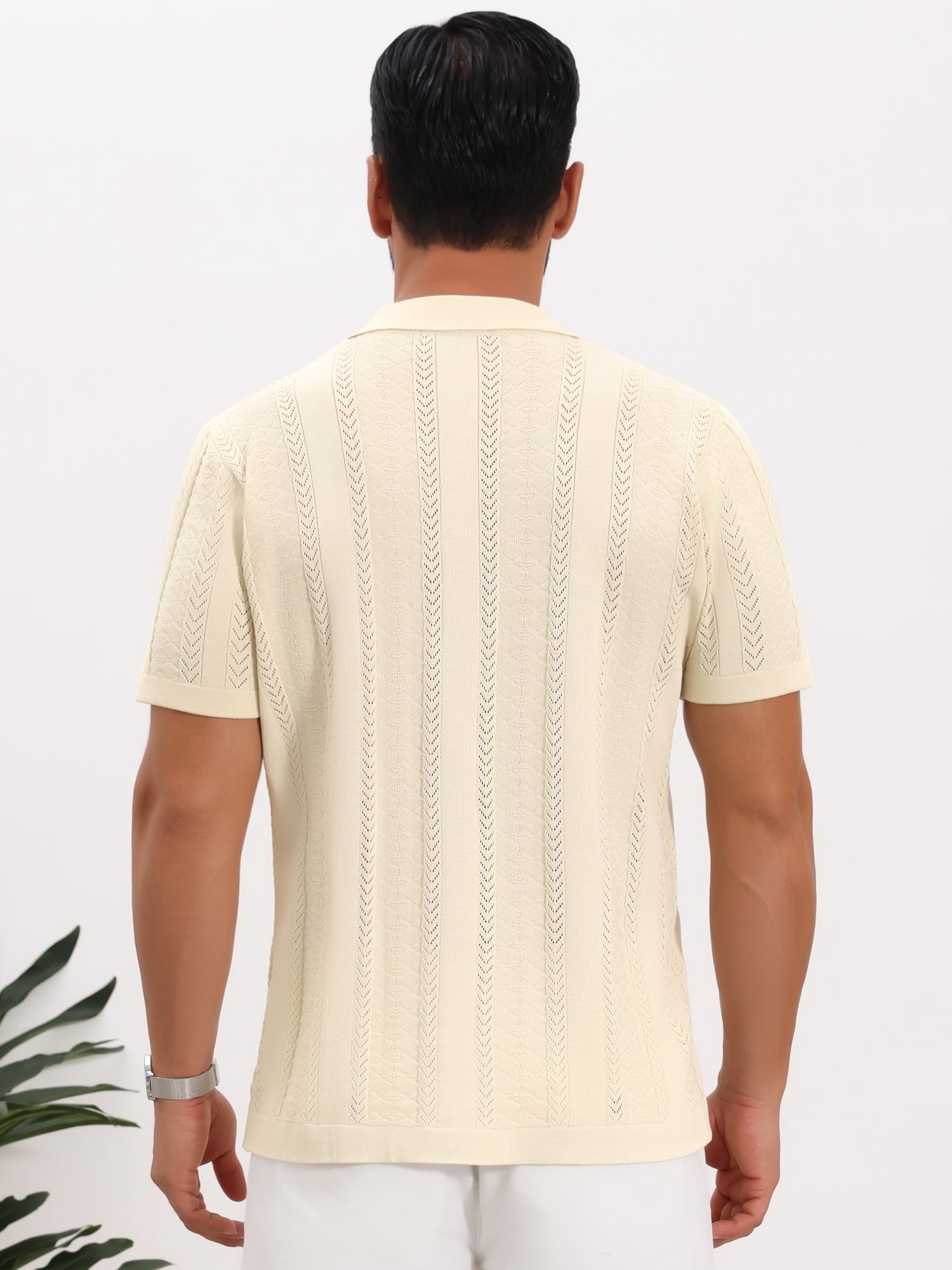 DARING DIVA Men's Hollow Knitted Shirt Short Sleeve Button Down Striped Shirts XL Beige