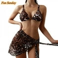 thumbnail image 2 of EIMELI Bikini Femme Mode Été Imprimé Léopard Décoration Taille Haute Fendue Ensemble Trois Pièces Bikini, 2 of 6