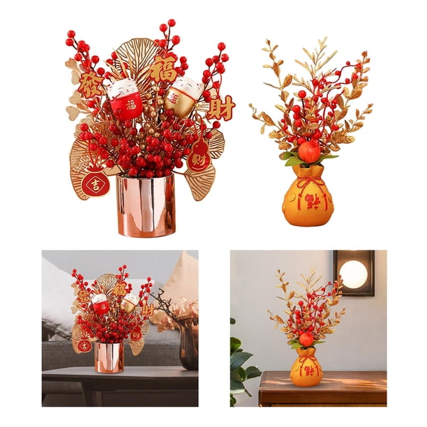 Ramas Artificiales Adorno de Flores Decorativo para El Otoño Decoración de Interiores + Maceta de Bayas de Simulación Coleccionable Chino para EstiloL Macarena Cesta China