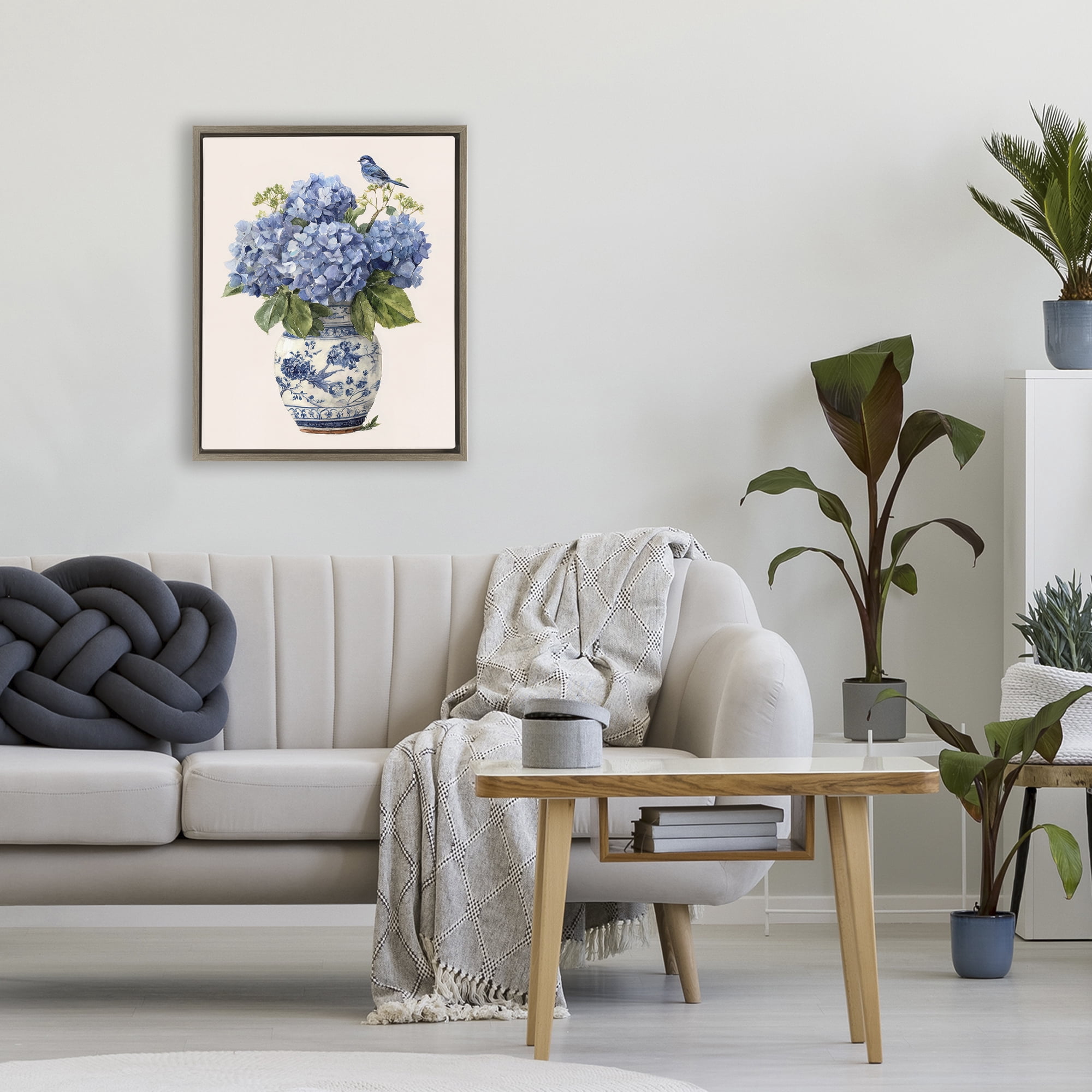 Stupell Industries Songbird Perched on Hydrangeas Brown Framed Floater Canvas Wall Art, design by Imagine It Images