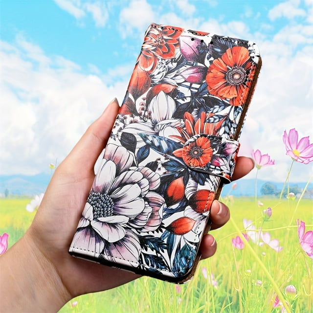 Colorful Mobile Phone Case for Women with Fashion Flower Pattern and Flip Cover Card Wallet Protective Mobile Phone Case with Credit Card Slot, Wallet Style Mobile Phone Ca