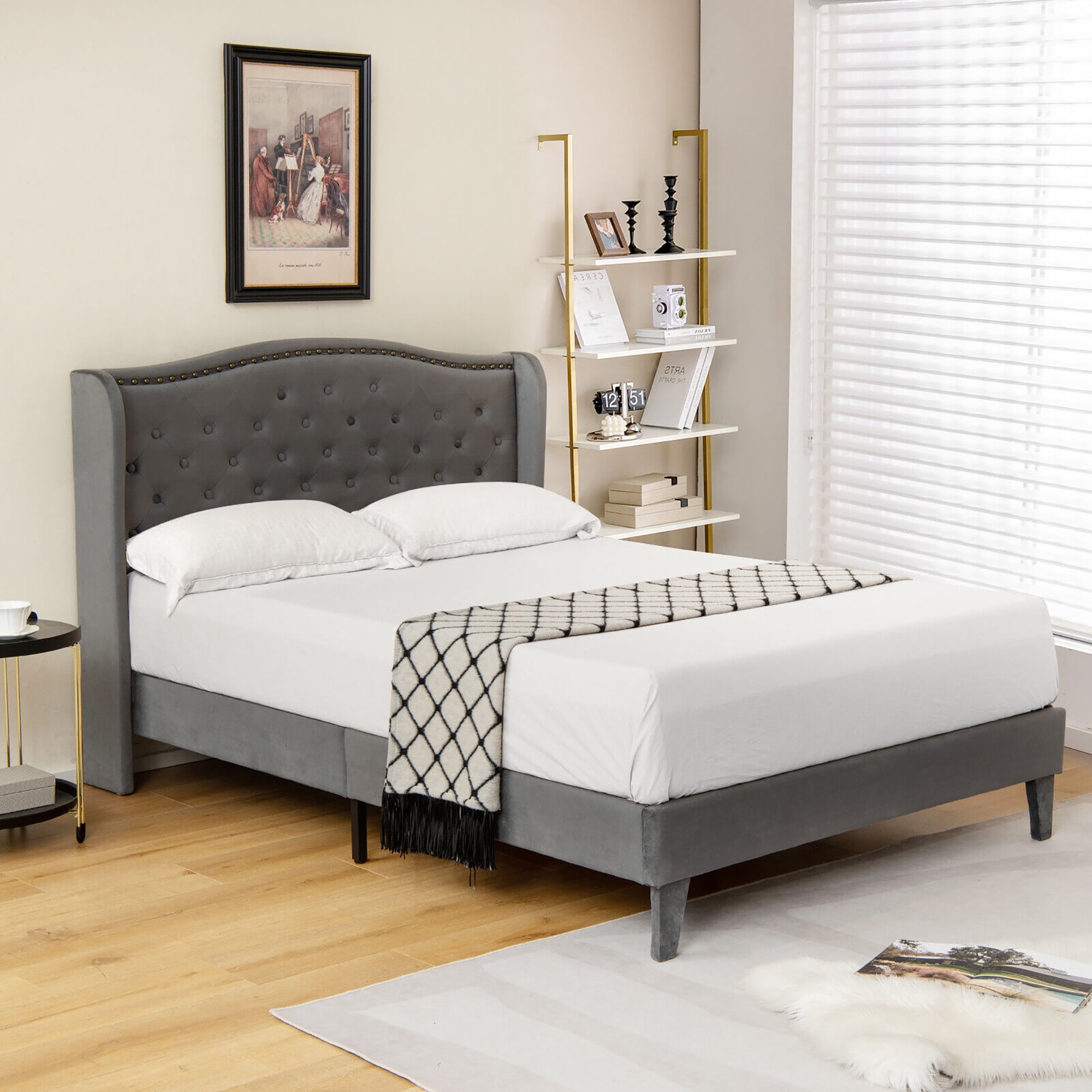 Gymax Queen Upholstered Platform Bed Frame w/ Button Tufted Headboard Noise-free