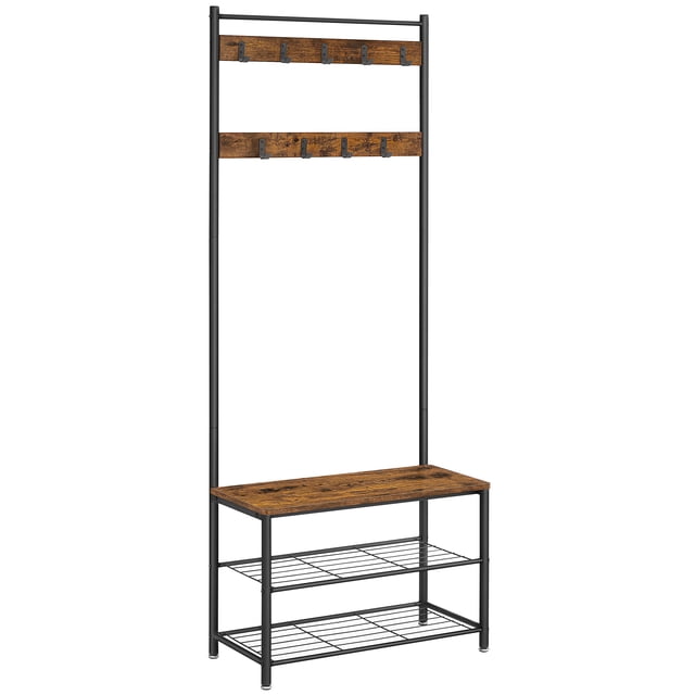 VASAGLE Entryway Coat Rack with Shoe Bench, Shoe Rack with Hall Tree, Modern Style,Rustic Brown and Black