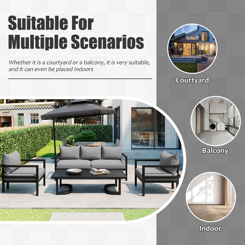 4-Piece Steel Frame Outdoor Sectional Sofa Set with Coffee Table, Patio Conversation Set with Cushions, Patio Furniture Set for Garden, Lawn & Backyard