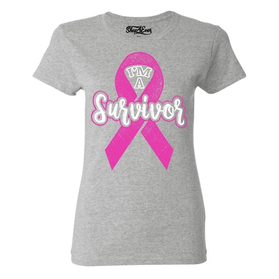 Shop4Ever Women's I'm A Survivor Breast Cancer Awareness Graphic T-Shirt X-Large Sports Grey