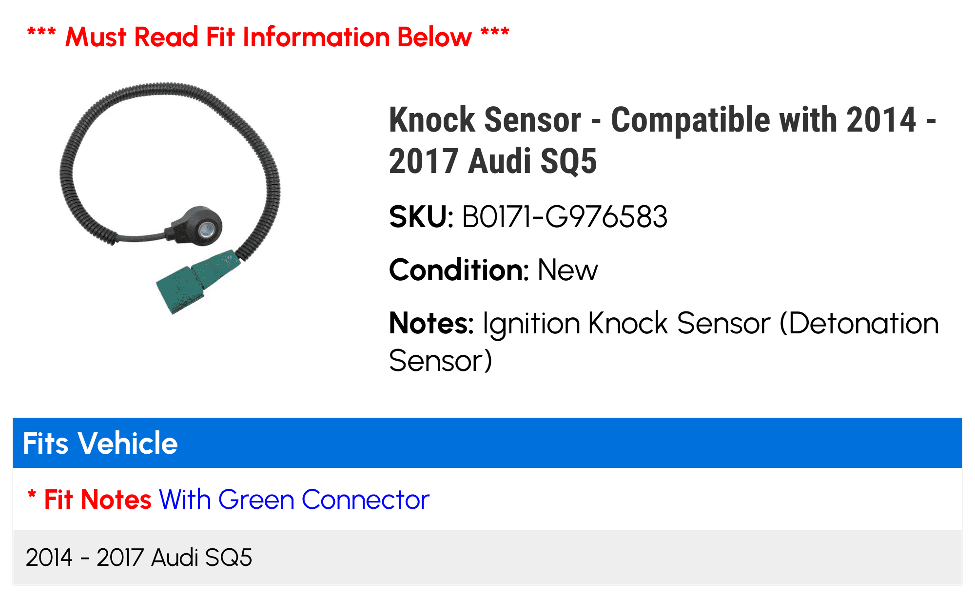Knock Sensor - Compatible with 2014 - 2017 Audi SQ5 2015 2016