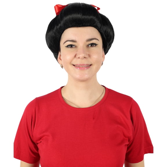 HPO Women’s Black Updo Costume Wig with Red Ribbon – Elegant Hairpiece for Theater, Cosplay & Parties