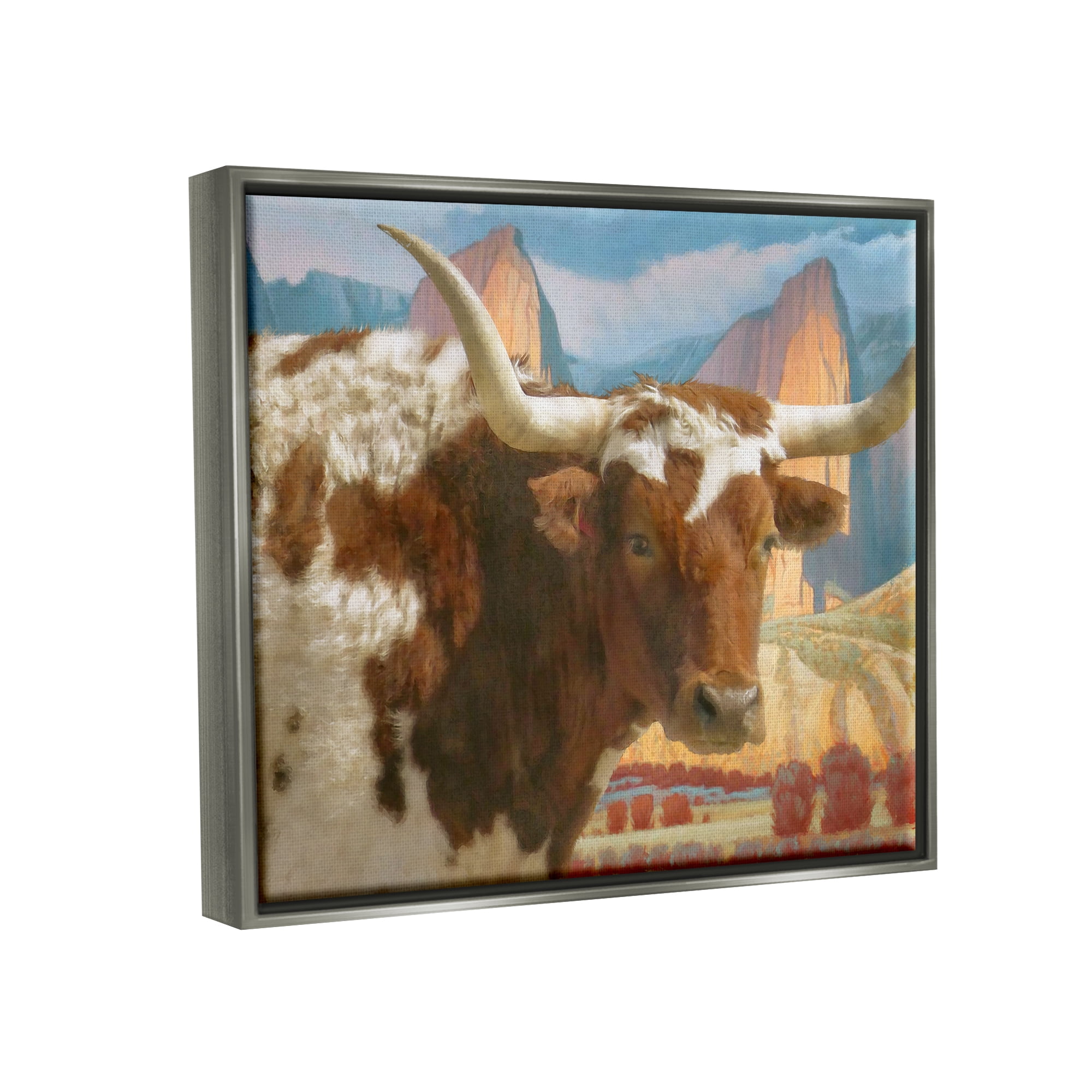 Stupell Longhorn Cattle Farm Landscape Animals & Insects Painting Gray Floater Framed Art Print Wall Art