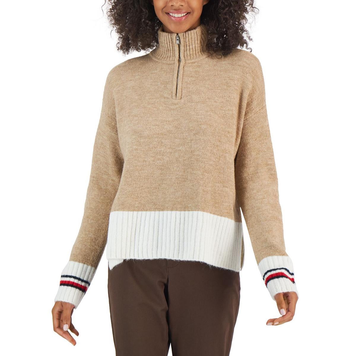 Tommy Hilfiger Womens Colorblocked Half-Zip Sweater Light Heather