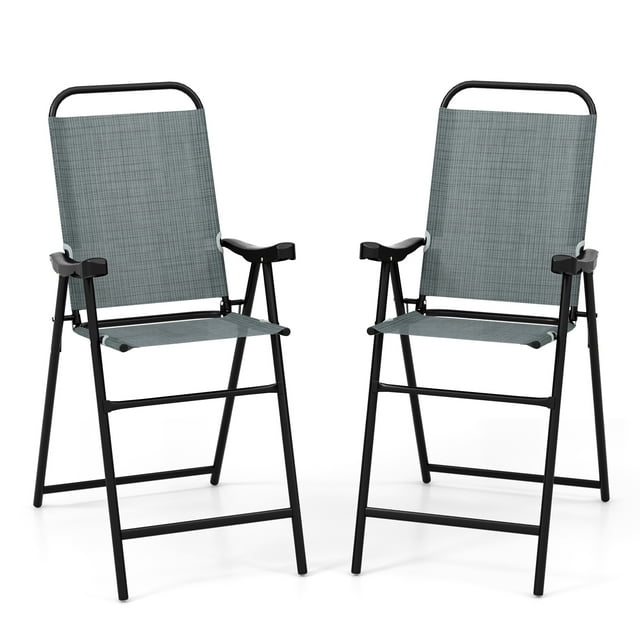 Costway 2 PCS Patio Bar Chair Folding Bar Height Metal Frame with Footrest Garden Blue