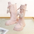 thumbnail image 5 of Girls Mid Calf Boots Bow Decor Lace Up Side Zipper Faux Leather Boots Winter Fashion Lug Sole Non-Slip Shoes Pink 13.5 Little Kids, 5 of 7