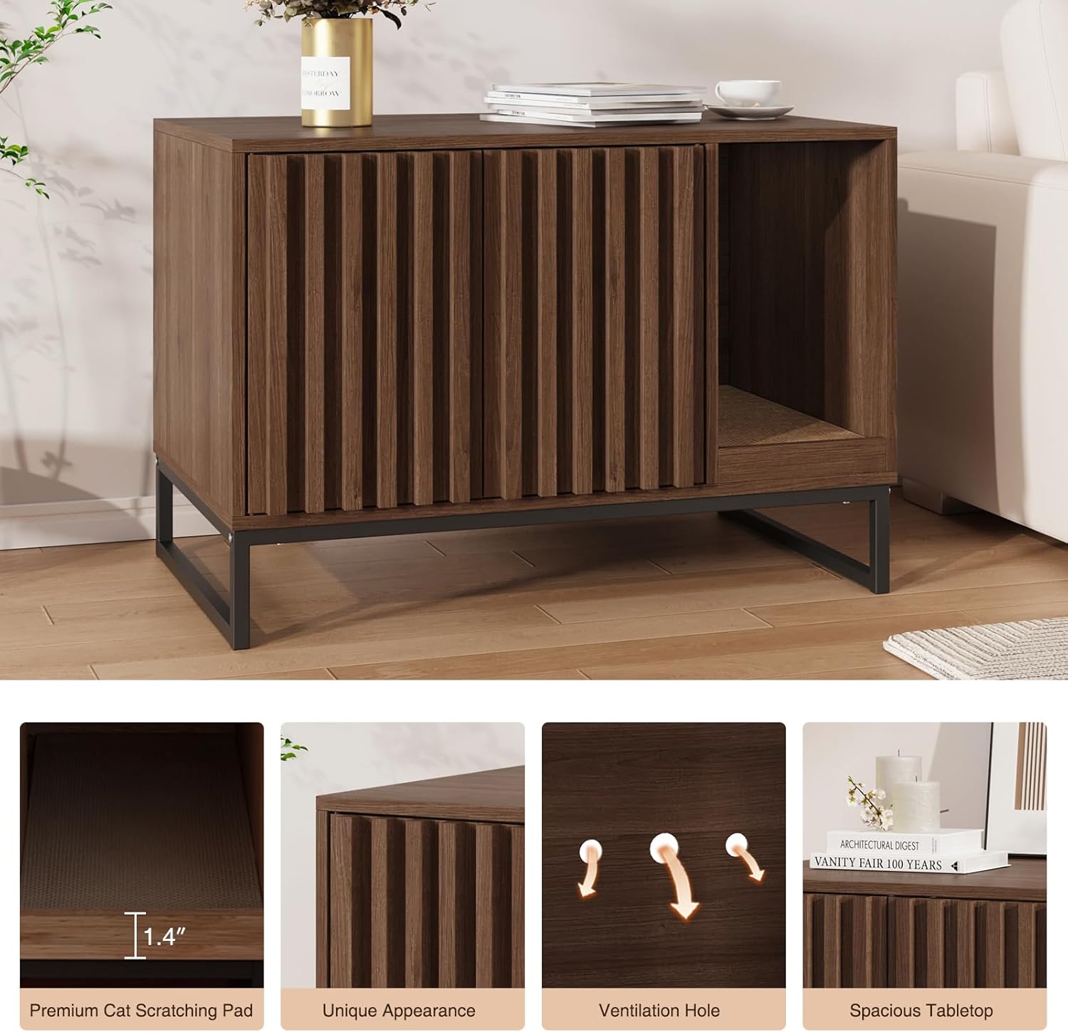 Vabches Hidden Cat Litter Box Enclosure Furniture, Multi-Functional Cat Washroom Bench with Cat Scratching Pad and Fluted Doors