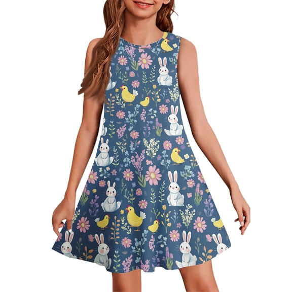 Abcomgle Little Girls Easter Dresses Cute Bunny Daisy Print T Shirt Dresses for Girls A-Line Sleeveless Dress Outfits Crewneck Spring Twirly Dresses for Girls,Navy,5-6Years