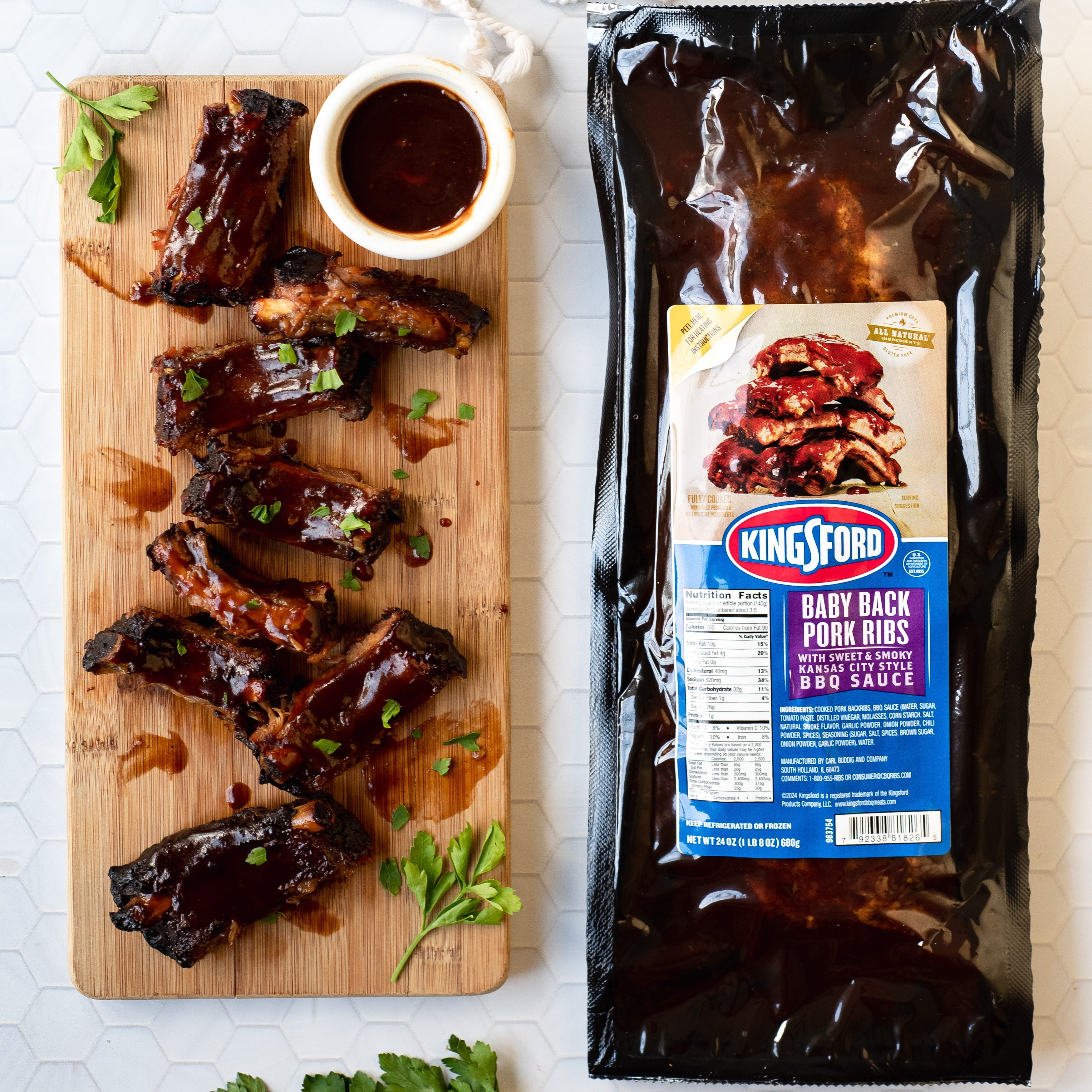 Kingsford Fully Cooked Baby Back Pork Ribs with Sweet and Smokey BBQ Sauce, 24oz, 10G of Protein