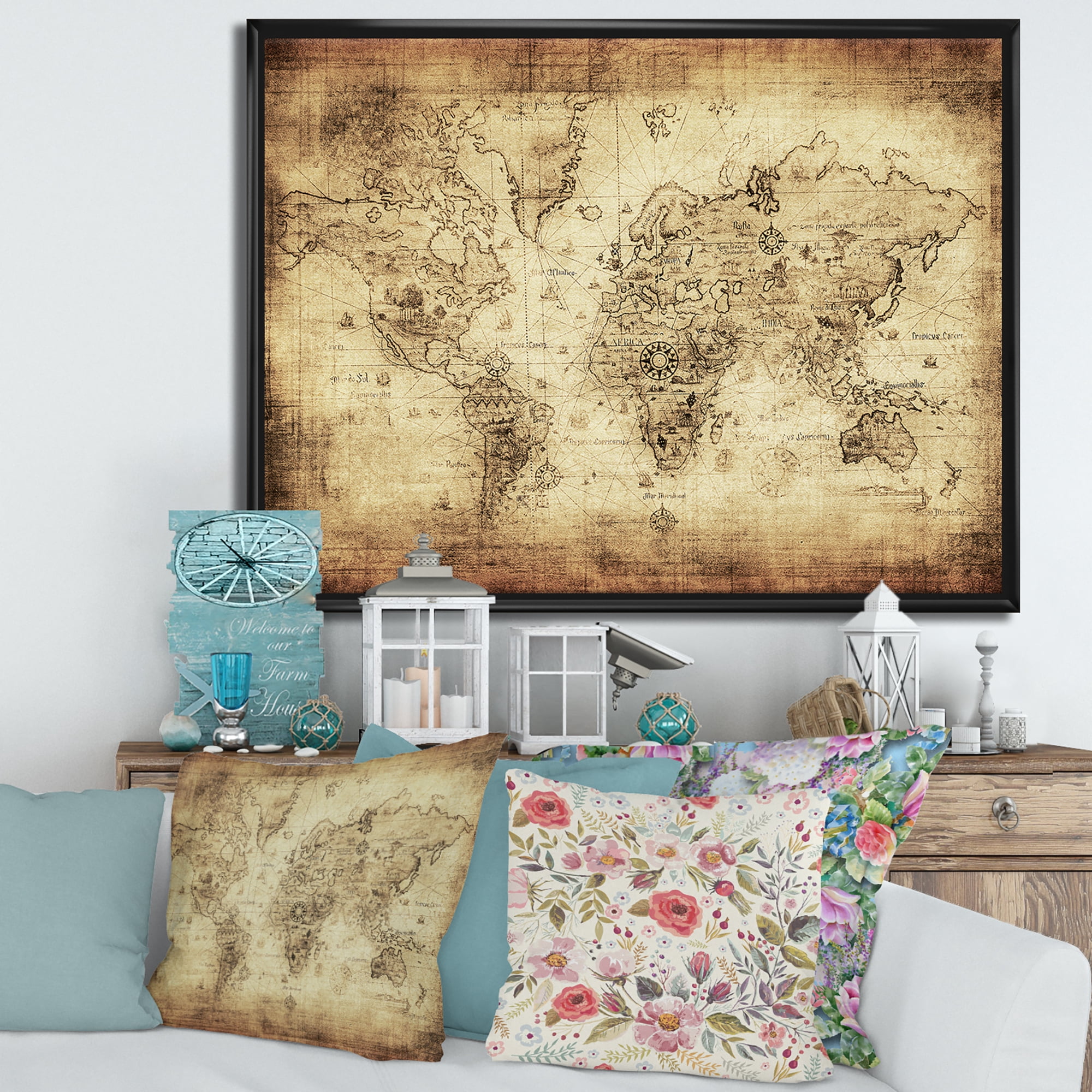 Designart 'Ancient World Map IV' Vintage Framed Canvas Wall Art Print