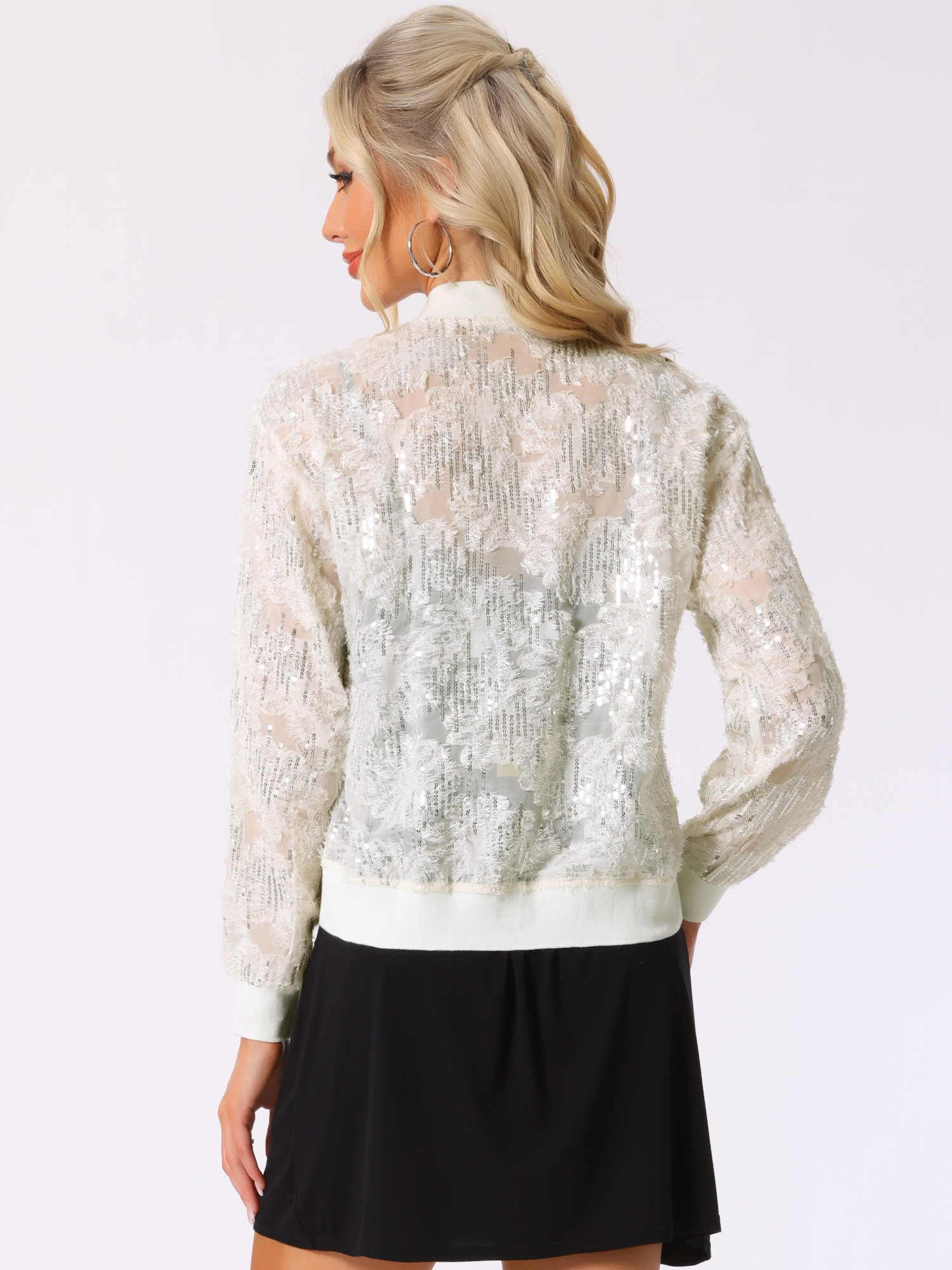 DARING DIVA Sequin Zipper Sparkly Party Bomber Jacket M Light Apricot