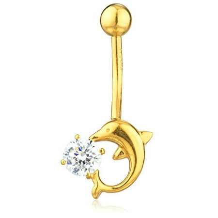 Real 14k Yellow Gold Dolphin with Cubic Zirconia Stone Belly Button Ring