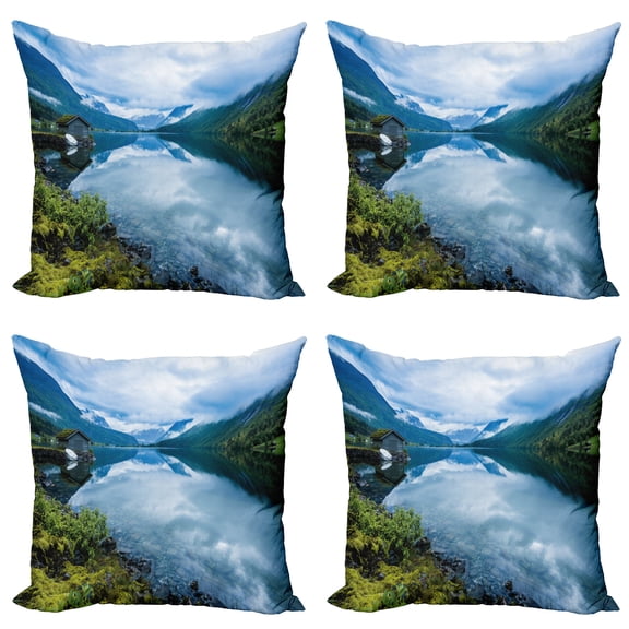 Ambesonne Nature Throw Pillow Cover 4 Pack, Wooden Cabins Norway, 16", Blue Green