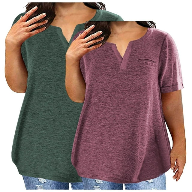 Soki 2PC Women's Plus Size Short Sleeve Tee V-neck Solid Color Oversized T-shirt Tops for Summer L-5XL
