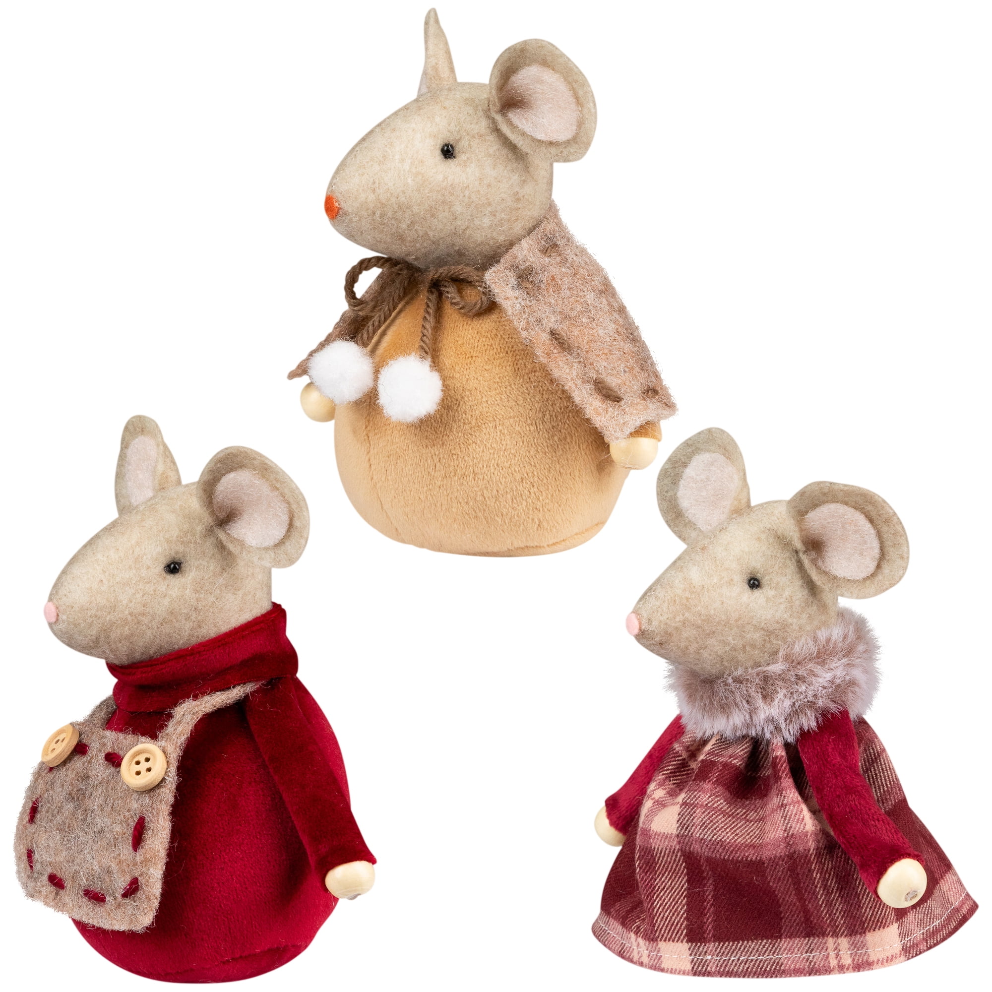 Plush Mice Trio Christmas Figures - 5" - Sand Brown and Burgundy - Set of 3