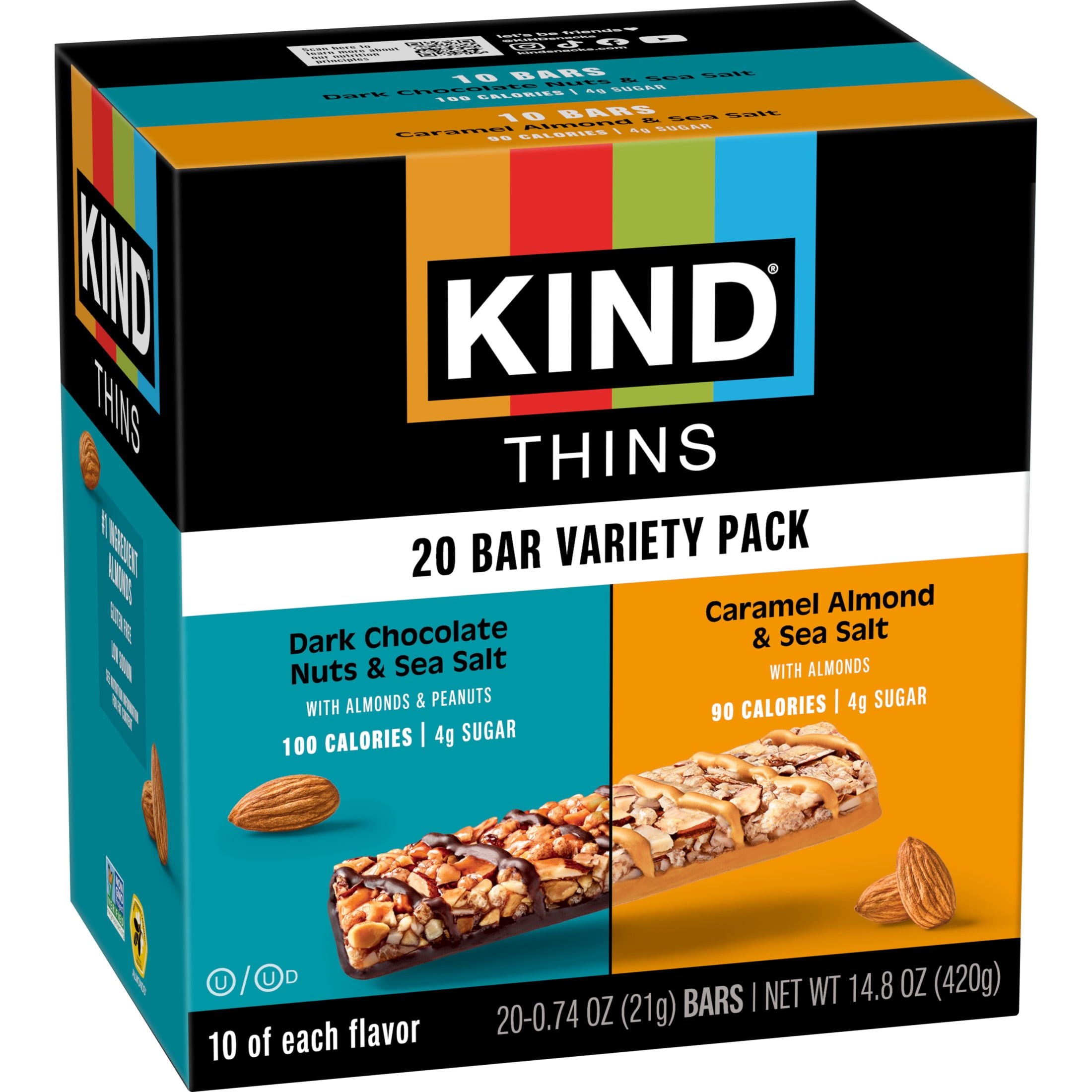 KIND Thins Bars Variety Pack, Dark Chocolate Nuts & Sea Salt, Caramel Almond & Sea Salt, 20 Snack Bars, 1 Box