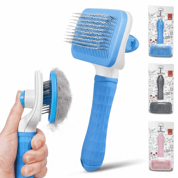 Pet Brush for Dogs and Cats, Self Cleaning Dog Brush, Slicker Grooming Brush for Shedding Hair - Blue