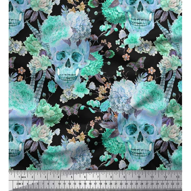 Soimoi Green Cotton Voile Fabric Insect,Skull & Flower Decor Fabric Printed BTY 42 Inch Wide