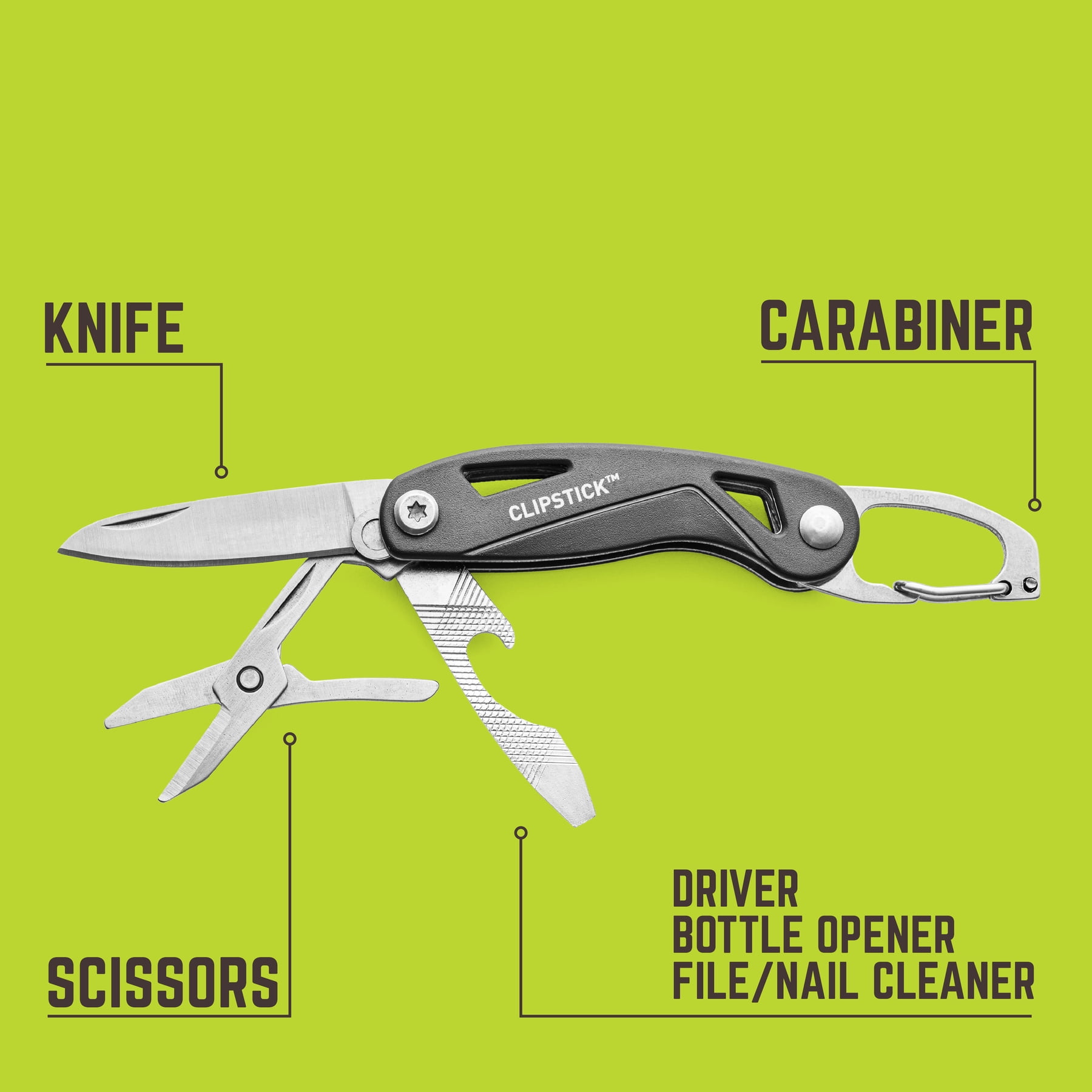 TRUE 6-in-1 Stainless Steel Keychain Multi-Tool with Carabiner Clip, Silver