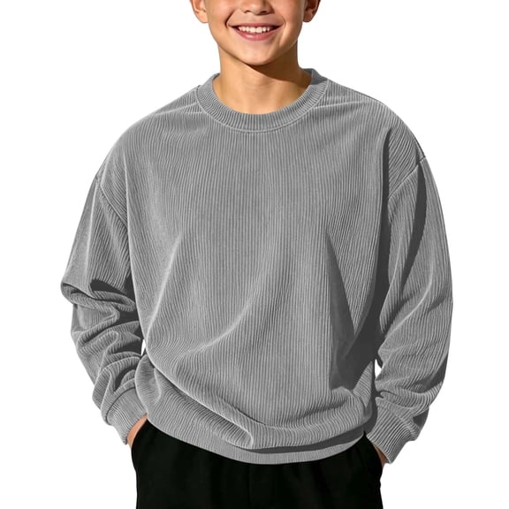 Fnooota Boys Sweatshirts Size 10-12, Crew Neck Corduroy Casual Spring Fall Long Sleeve Tops Gray