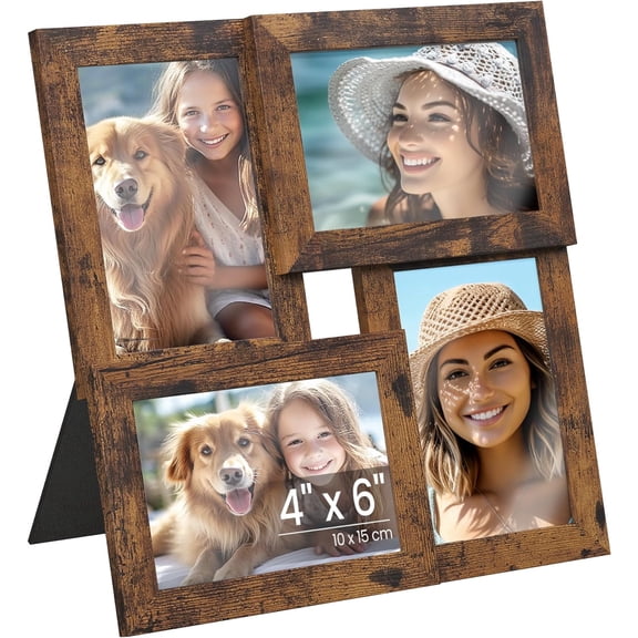 Collage Picture Frames, 4x6 for Wall Decor Set of 4, Multi Family Photo for Gallery Decor, Hanging Display, Christmas Gift, Rustic Brown URPF025X01