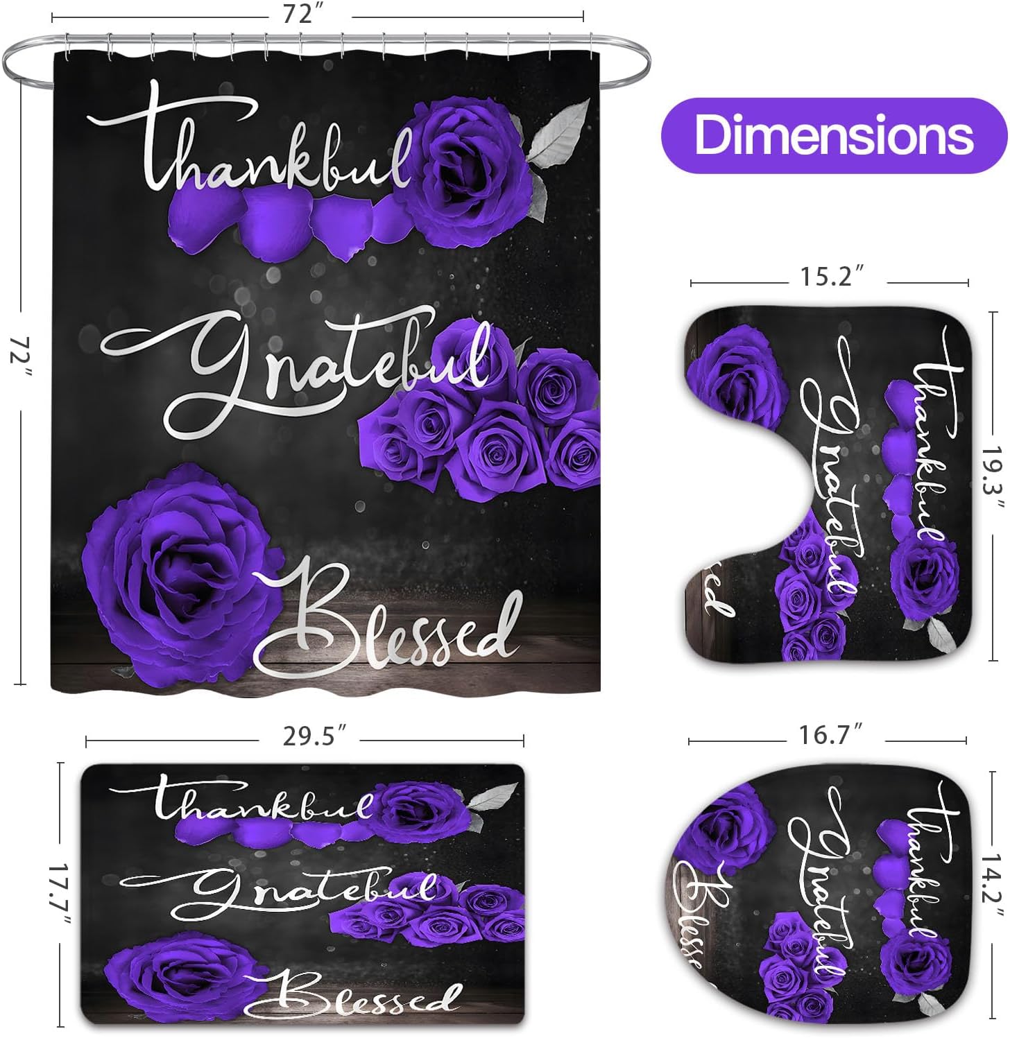4 Pcs Red Rose Shower Curtain Set with Non-Slip Rugs, Toilet Lid Cover and Bath Mat, Thankful Grateful Blessed Romantic Showy Elegant Floral Bathroom Decor Set with Shower Curtain and Rugs