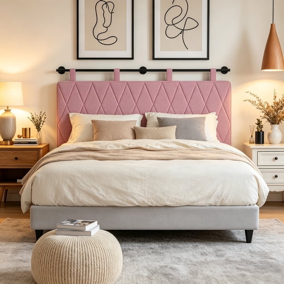 Queen Headboard Only, 63" Wall Mounted Soft Fabric, Modern Diamond Pattern, Elegant Upholstered, Pink, Queen Size
