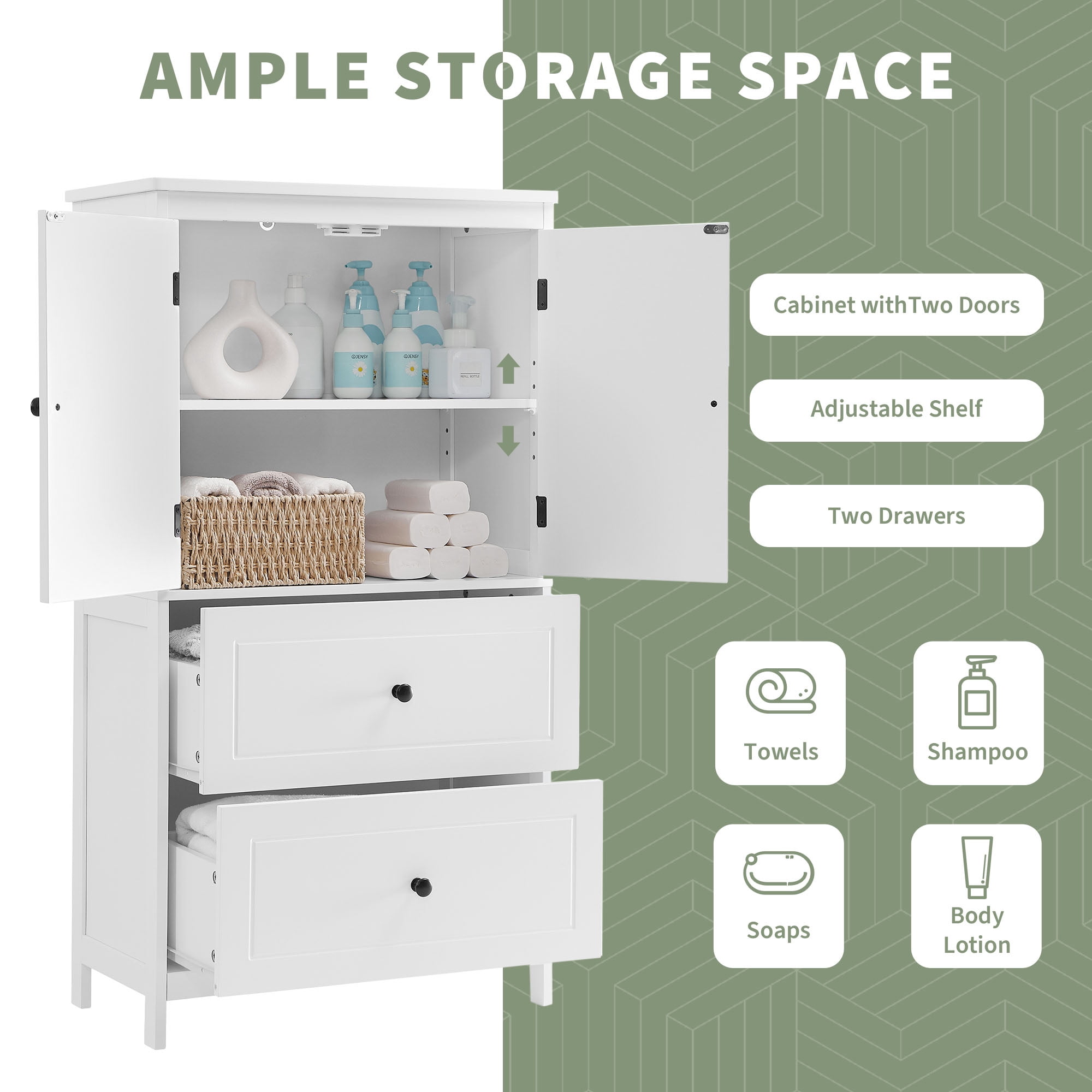 Bathroom Storage Cabinet, Cabinet with Two Doors and Drawers, Adjustable Shelf, MDF Board