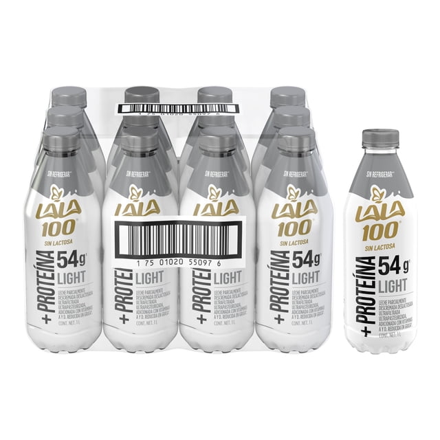 lala 100 proteína light leche sin lactosa reducida en grasa x 1 paquete x 12 unidades de 1 litro c/u Paquete de 12 botellas de 1 L con etiqueta blanca y dorada; logo LALA 100 y texto '+PROTEÍNA 54 g LIGHT' visibles en el frente, tapa rosca gris y envoltura plástica transparente que agrupa las unidades. Suele utilizarse para complementar la ingesta de proteína en la dieta.