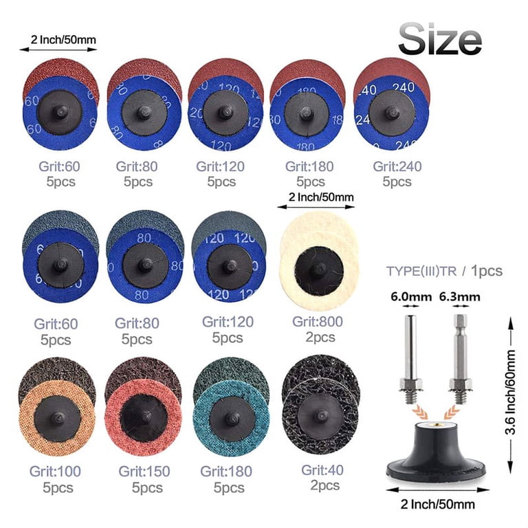 Shineboc 75-Piece 2-Inch Quick Change Sanding Disc Set – Hardened Material With 1/4-Inch Roll Lock Holder – For Metal, Wood, Rust & Paint Removal