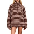 thumbnail image 3 of Womens Half Zip Fleece Striped Jacket Oversized Stand-Up Collar Sweatshirt Warm-Fuzzy Outerwear Brown XL, 3 of 7