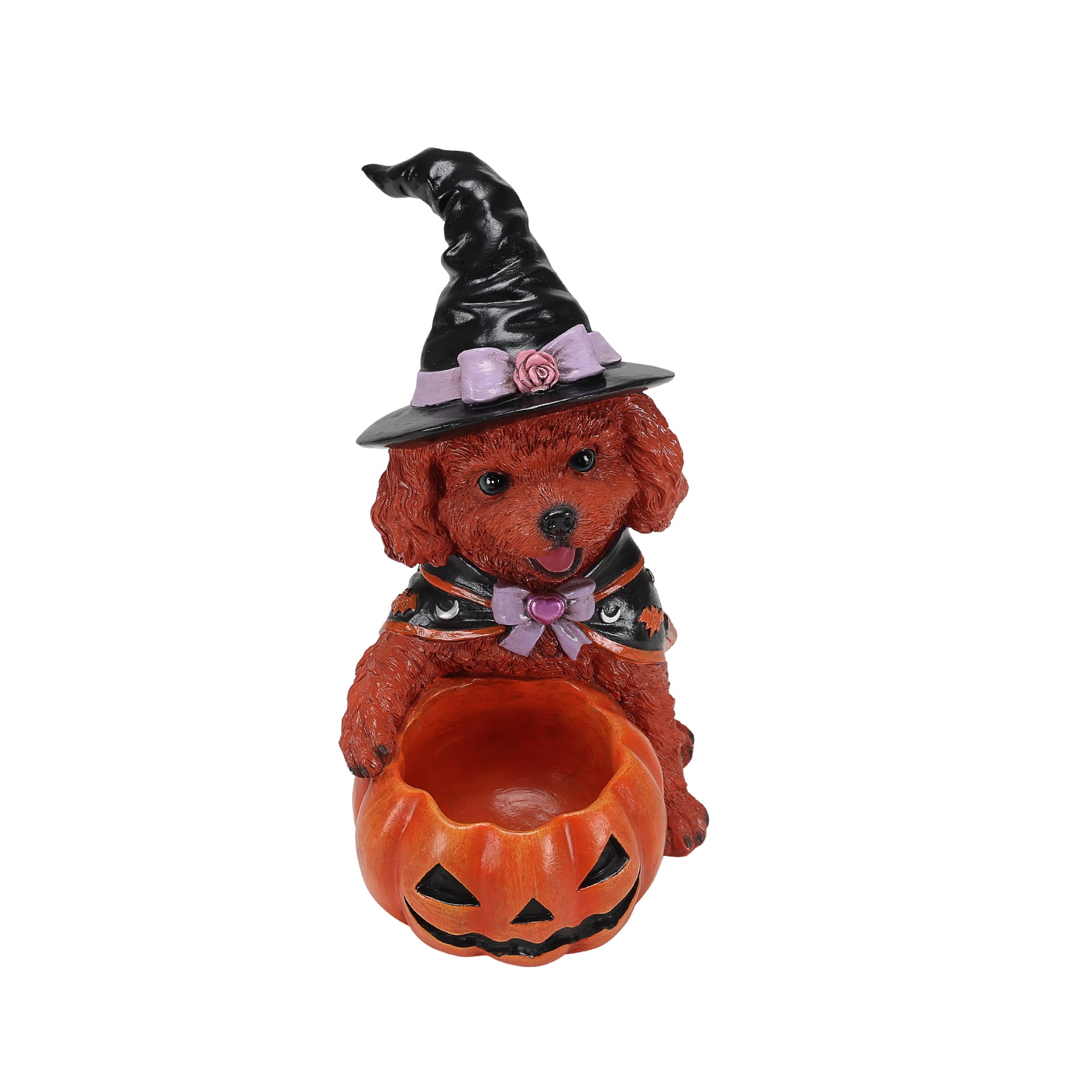 Teddy Dog Figurine 12.6 Inch, Halloween Witch Puppy Statue with Pumpkin Candy Bowl, Cute Dog Decor for Tabletop and Holiday Display, Reddish Brown and Orange-Red